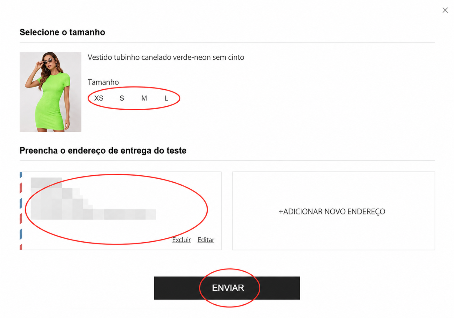 Captura de tela da seleção de medidas e dados de envio, finalizando com o botão de confirmação