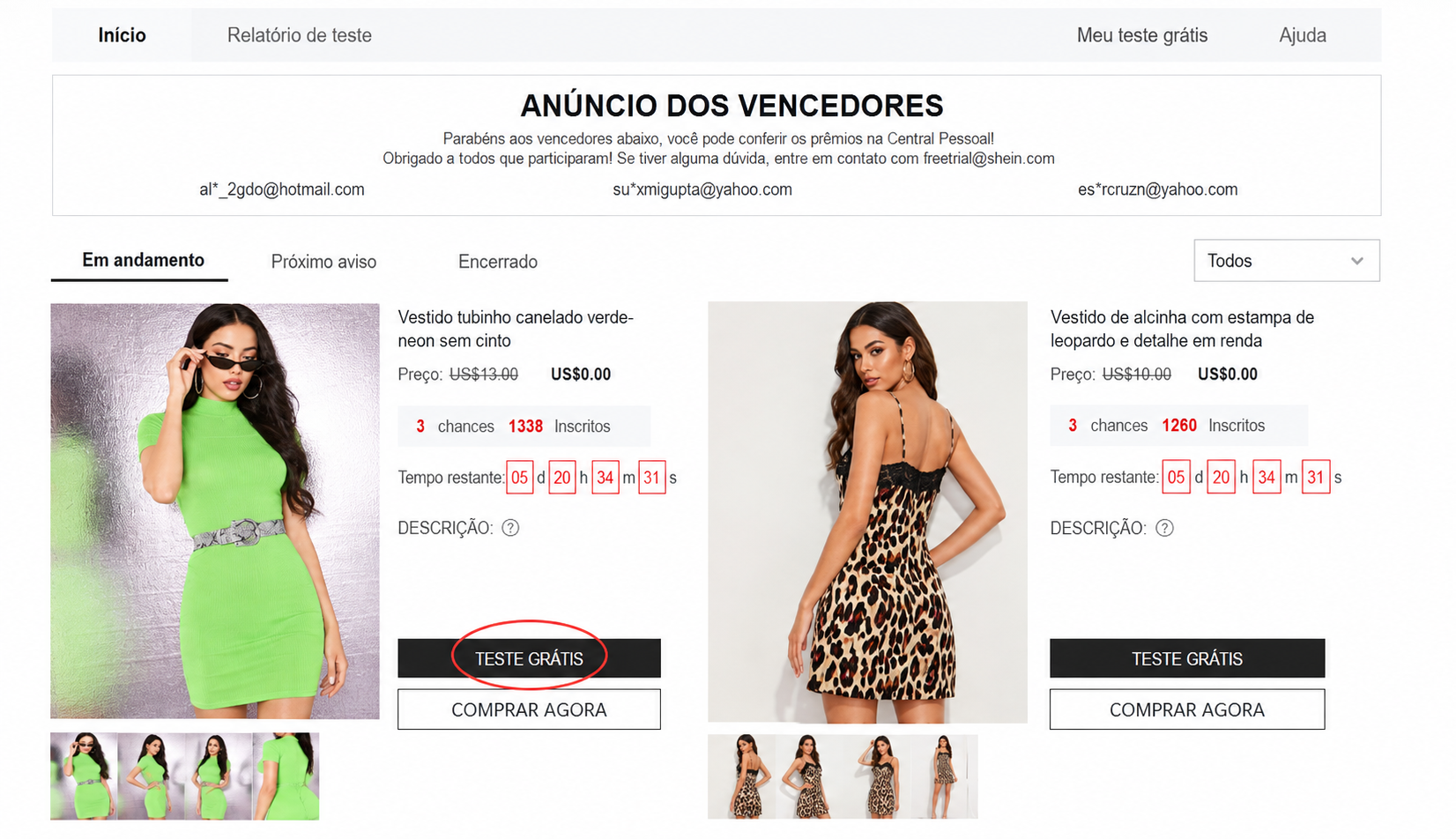 Interface do Centro de Teste Gratuito da Shein, destacando o botão de teste sob cada produto da vitrine