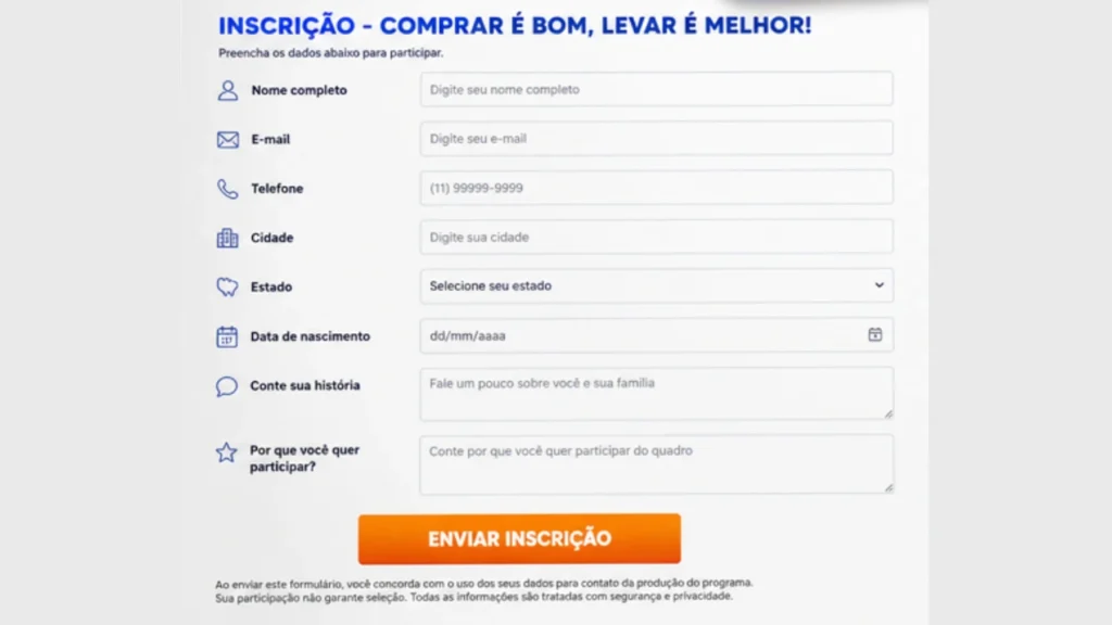 Passos do Cadastro no Quadro 'Comprar é Bom, Levar é Melhor!' do Domingo Legal